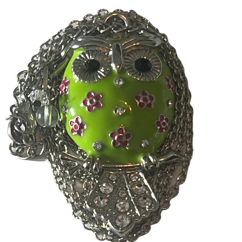 Owl Pendant Necklace in Green Pink Enamel with Clear Rhinestones Silver Tone